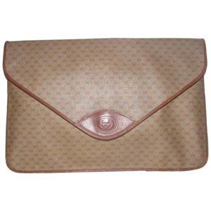 Gucci Vintage Brown Leather Envelope Clutch Small G Logo Print Coated Canvas